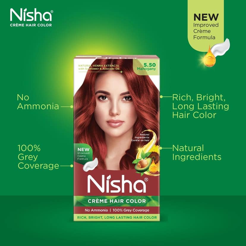 Nisha Creme Hair Color 5.50 Mahogany 120g, Permanent Hair Color, Ammonia Free Hair Colour, 100% Grey Coverage view 5