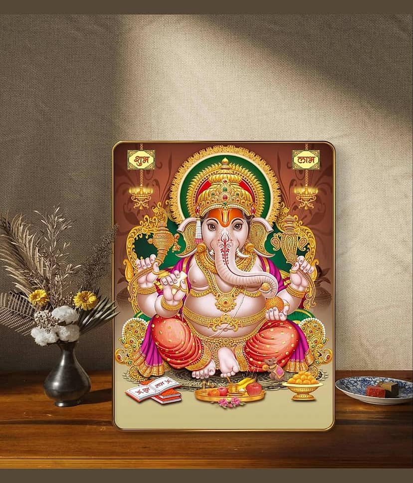 SAF Lord Ganesha Wall Painting Golden Frame Sparkle Lamination | Ganpati Bappa MDF Poster for Home Temple Office Décor | Shubh Labh Ganesh Artwork for Gifting & Pooja Room view 2
