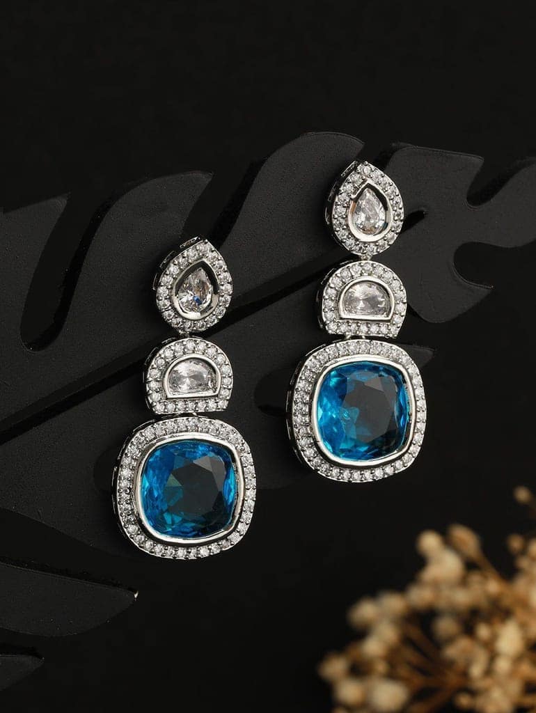 Silver Toned Blue Turquoise CZ Statement Drop earrings view 2