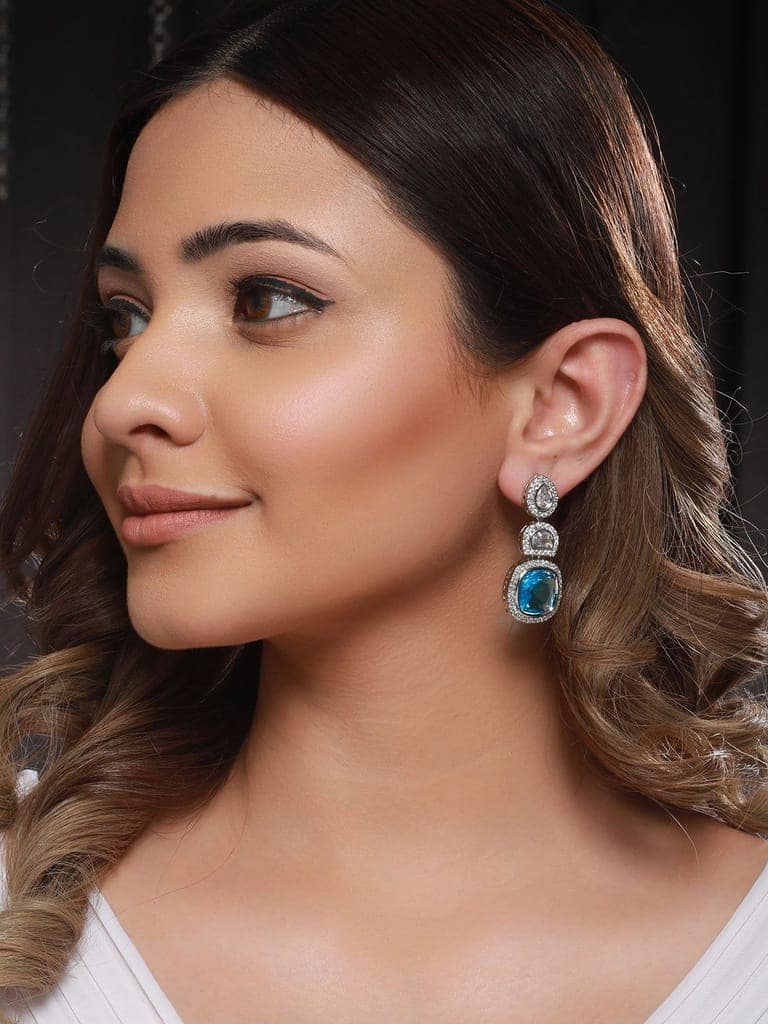 Silver Toned Blue Turquoise CZ Statement Drop earrings view 3