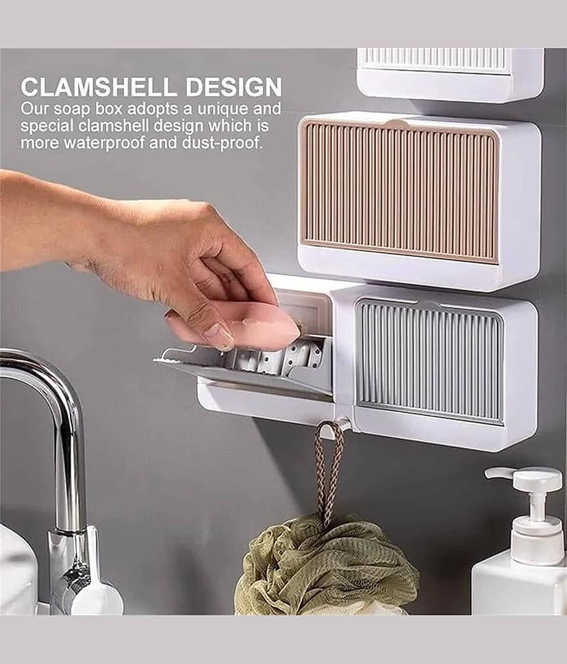 Radhe Creation Soap Holder Soap Box with Lid 2 Grid, Bathroom Wall Shelf Organizer with Sliding Cover – Modern Storage Box for Skincare, Soap, Toothbrush & Accessories – Space Saving Design