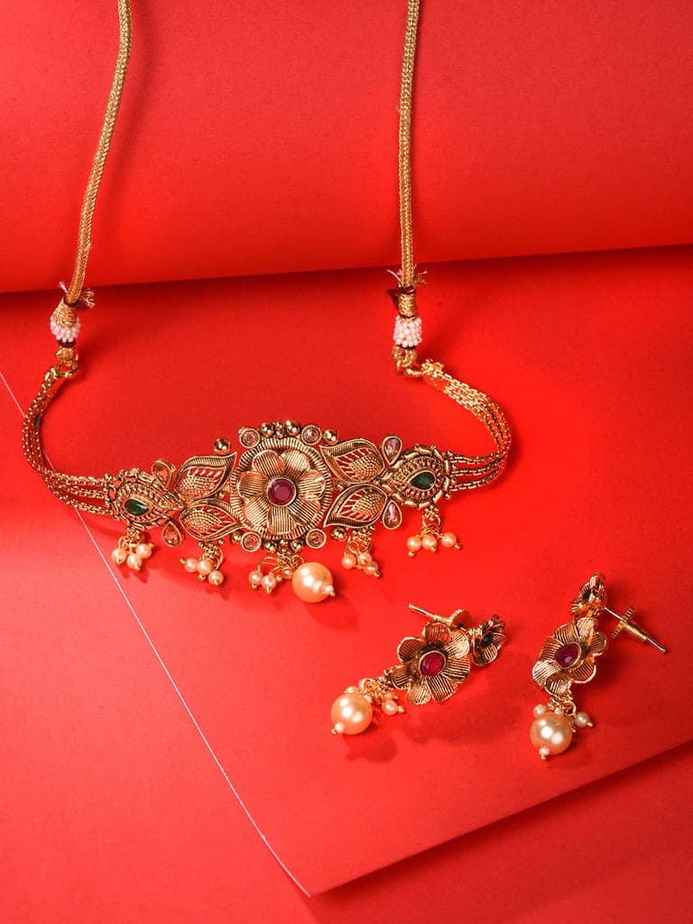GoldPlated Red & Green AD Studded Jewellery Set view 7