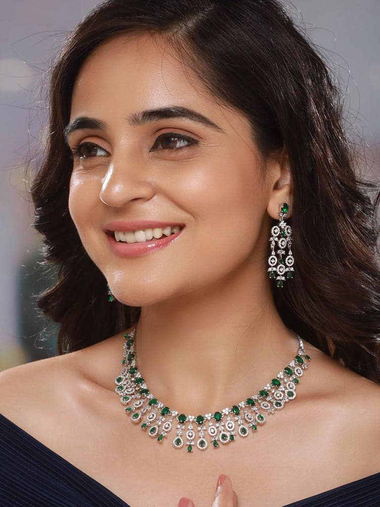 Silver Toned Emerald Green AD Studded Statement necklace Jewellery Set view 2