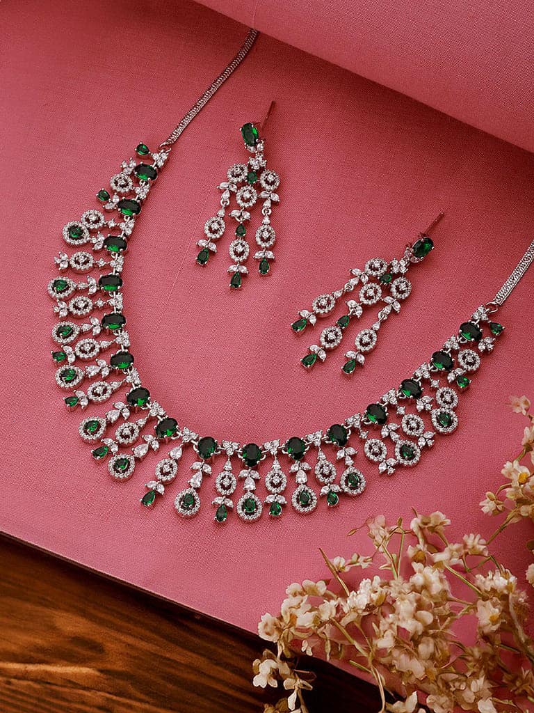Silver Toned Emerald Green AD Studded Statement necklace Jewellery Set view 3