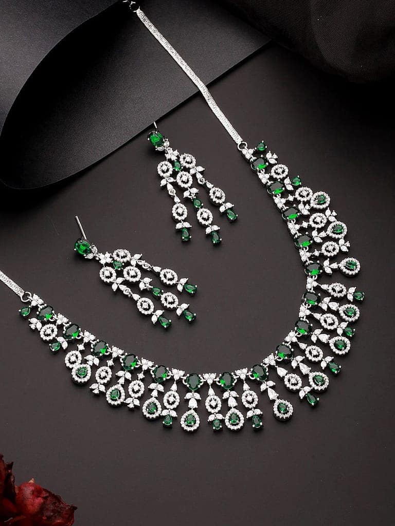 Silver Toned Emerald Green AD Studded Statement necklace Jewellery Set view 4