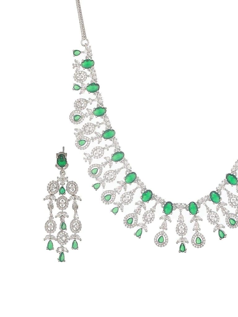 Silver Toned Emerald Green AD Studded Statement necklace Jewellery Set view 6
