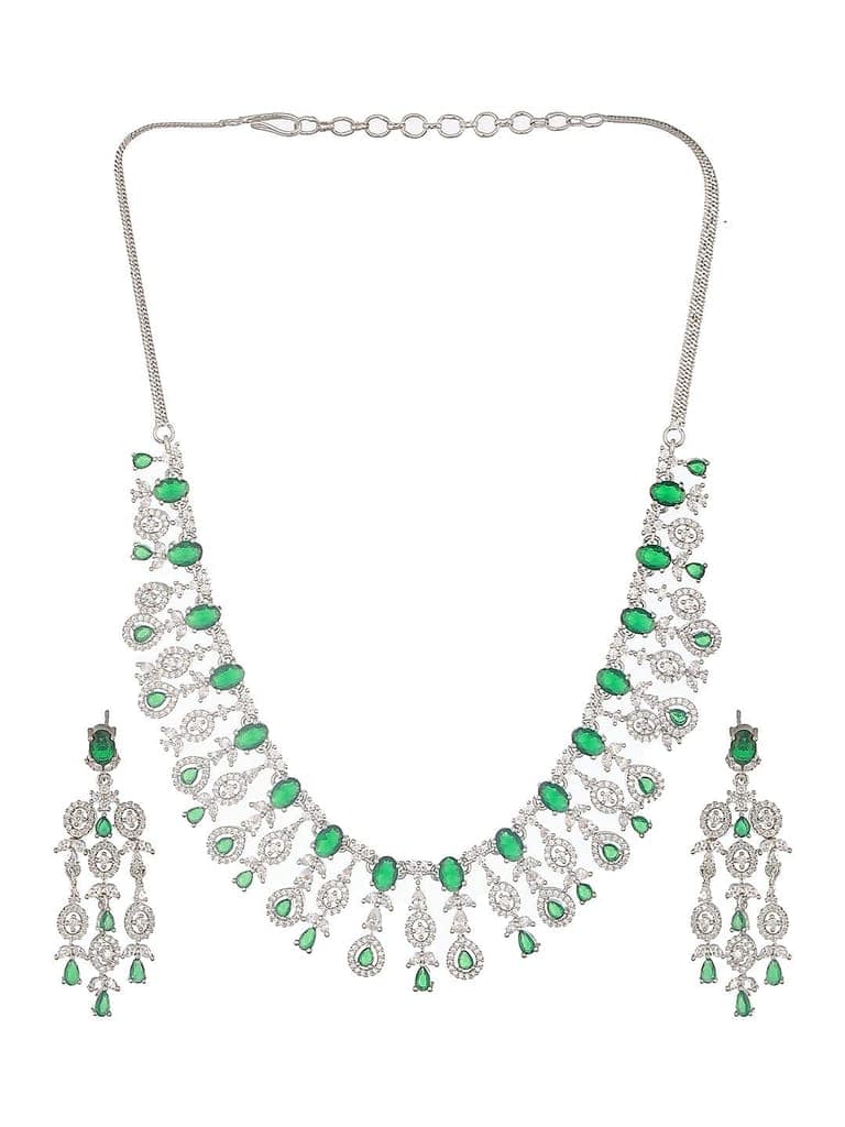 Silver Toned Emerald Green AD Studded Statement necklace Jewellery Set view 7