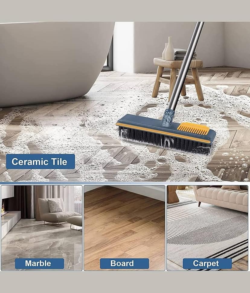 (Pack of 1) 2 in 1 Bathroom Floor Cleaning Brush Wiper Squeegee, Tiles Cleaner Brush Floor Scrubber, Long Handle for Wall Shower Toilet Kitchen Grout Swimming Pool, White, Yellow, PVC Bristles