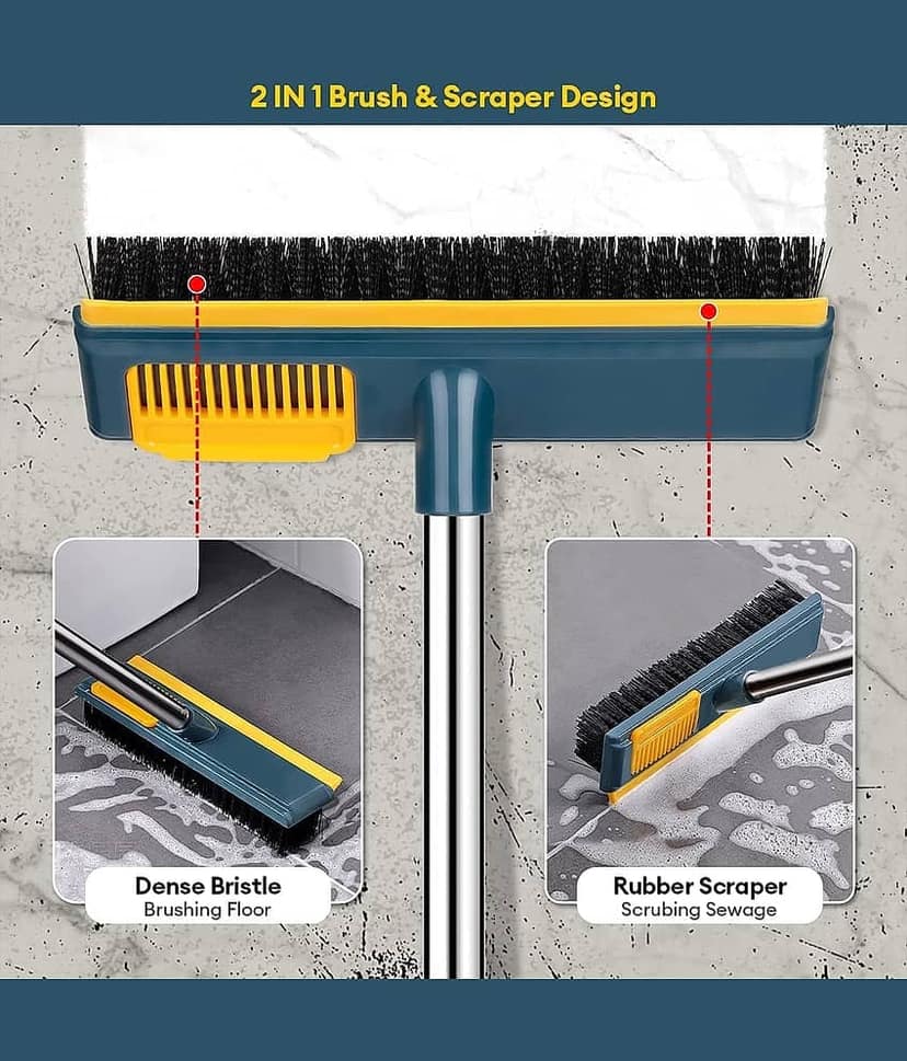 (Pack of 1) 2 in 1 Bathroom Floor Cleaning Brush Wiper Squeegee, Tiles Cleaner Brush Floor Scrubber, Long Handle for Wall Shower Toilet Kitchen Grout Swimming Pool, White, Yellow, PVC Bristles view 2