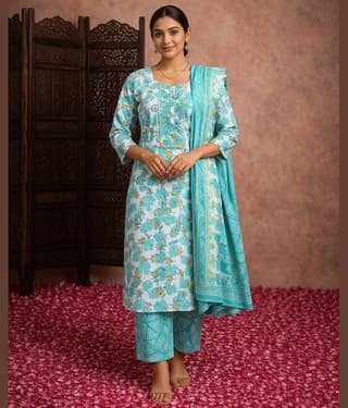Aarika Women Cotton Printed Straight Kurti With Pants ( Green )