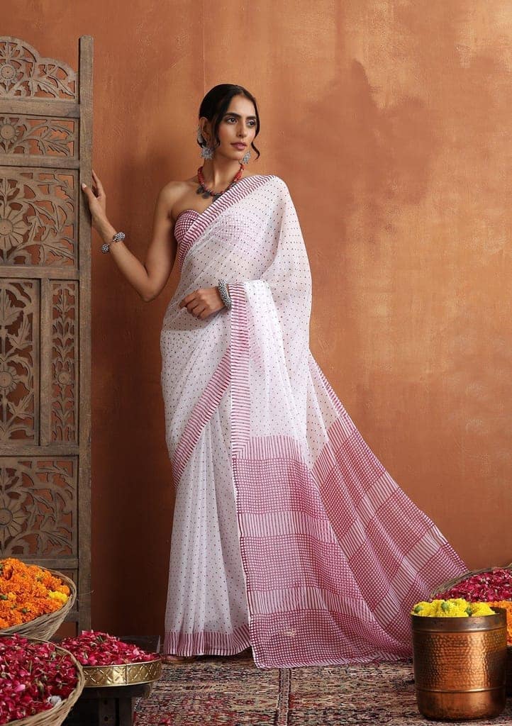 HOC Crafts Hand Block Chiffon Printed Women's Saree - White view 2