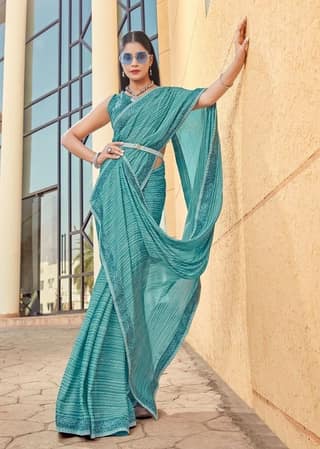 Digital Printed Satin Georgette Saree in Blue
