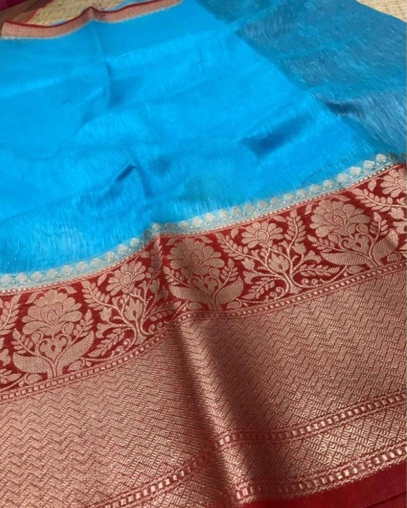 Silk Linen Banrasi Brocade Weaving Handloom Blue Saree with Blouse-3457 view 2