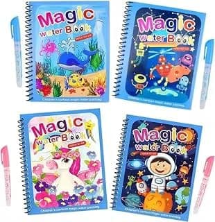 Magic Water Coloring Book for Kids (4 Books, 4 Themes)|Reusable No-Mess Painting Book with Magic Water Pen|Travel-Friendly Educational Toy for Toddlers Age 2-5years|Quick-Dry, Refillable