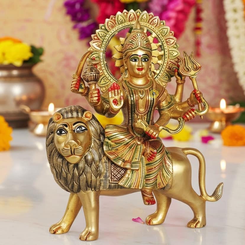 Brass Durga Ji Coloured Idol - Vibrant Brass Goddess Statue, Height : 12 Inch (BSMAS937 N)