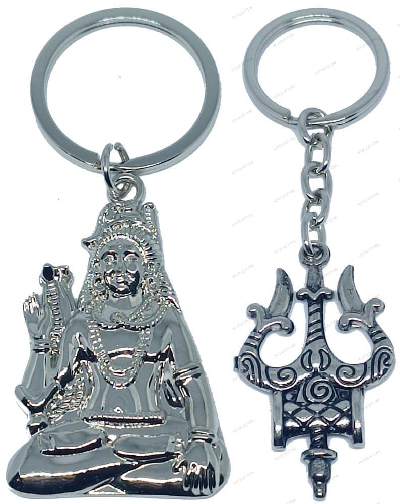 KD COLLECTIONS Lord Shiv Shankar Bholenath Mahadev Mahakaal Adiyogi Keychain & Trishul Keychain Combo – Silver – Pack of 2 Keychains