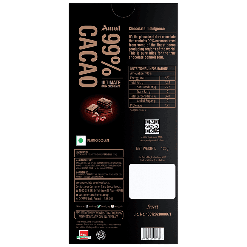 Amul 99% Cacao - Ultimate Dark Chocolate, 125 G view 2