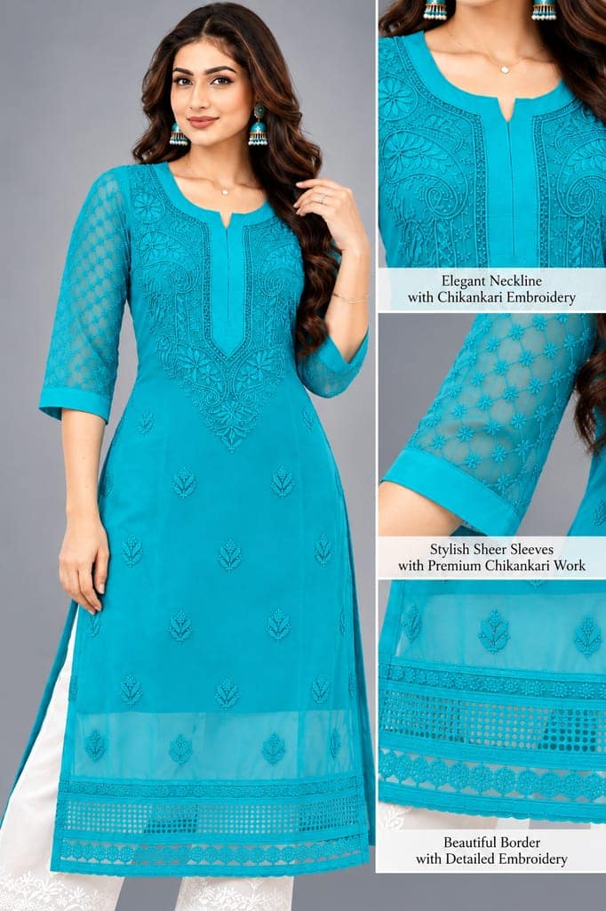 Handcrafted Lucknowi Chikankari Embroidered Fox Georgette Long Kurta with Sheer Floral Sleeves, Back Embroidery & Decorative Lace Border, 46 Inch Length view 2