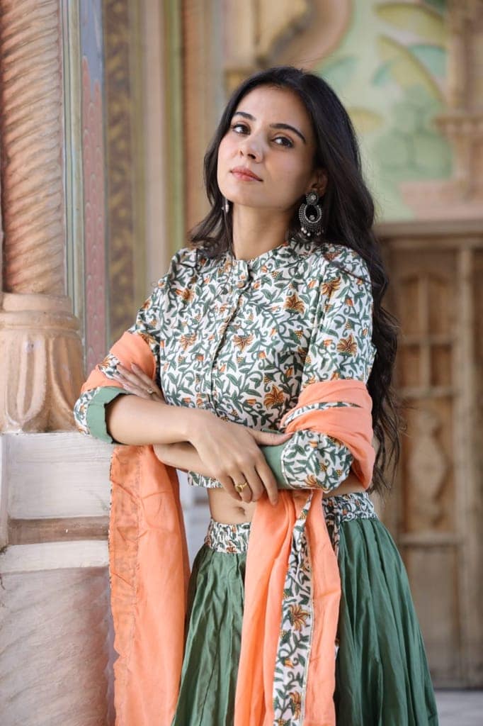 Cotton Lehanga Handblock Printed Winter Green Color and Top With Mulmul Dupatta (Size 34-46)-9463 view 2