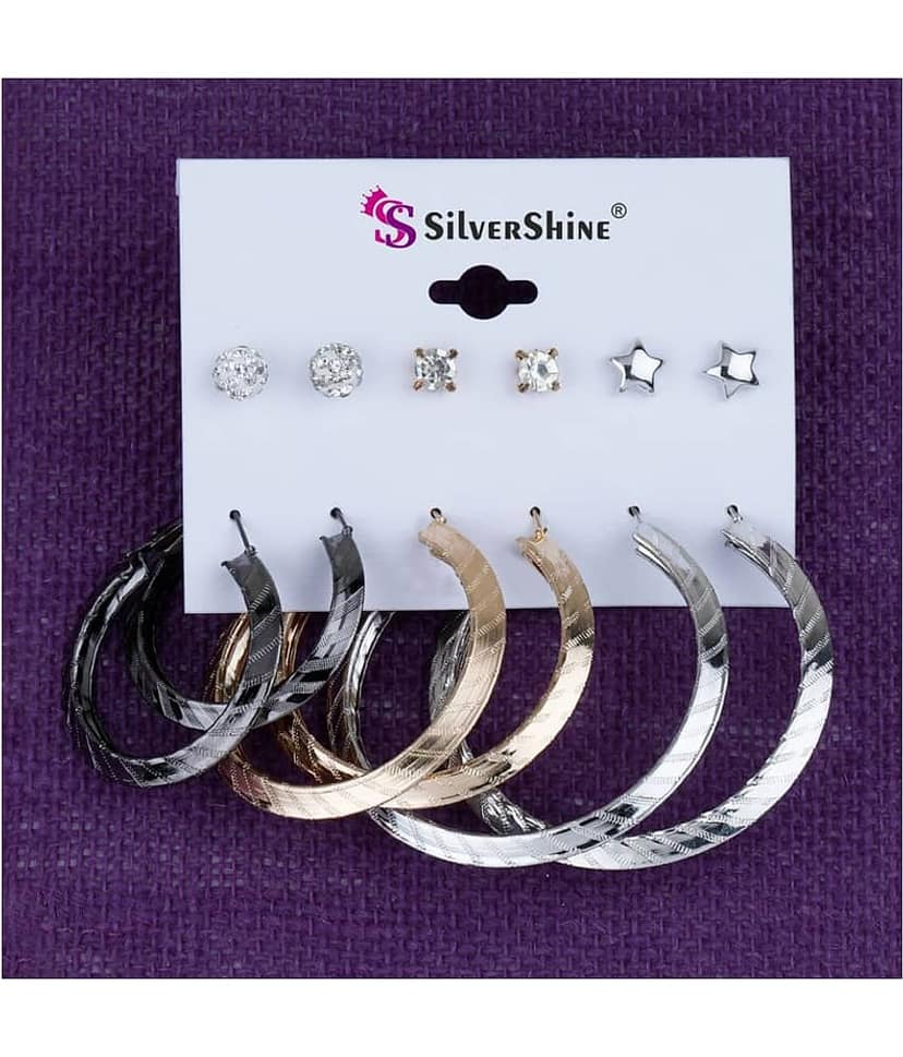 Silver Shine Stylish Fashion Earring Combo 3 Bali With 3 Studs Set For Women Girls view 2