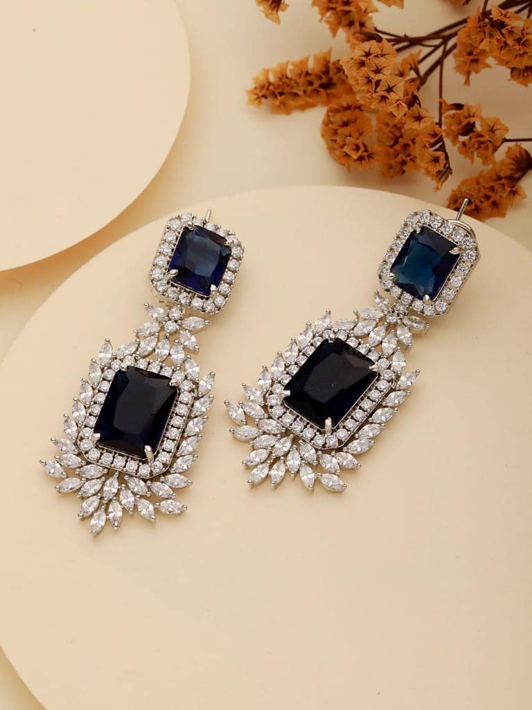 Silver Toned Sapphire Blue CZ Studded Luxe Designer Dropdown Clip Earrings view 2