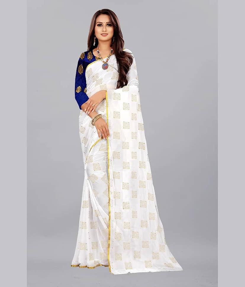 Rhey Chiffon Printed Saree With Unstitched Blouse Piece ( White )