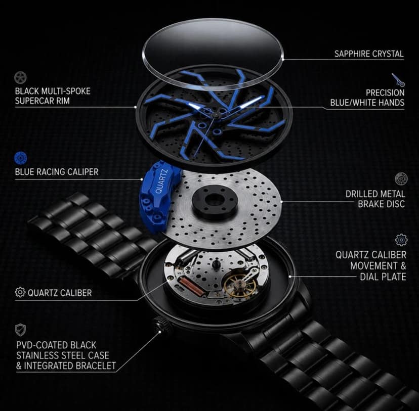 Unique Automotive Wheel Rim Dial Quartz Watch for Men - Black & Blue Sports Car Theme Wristwatch stainless steel watch 360 rotating view 2