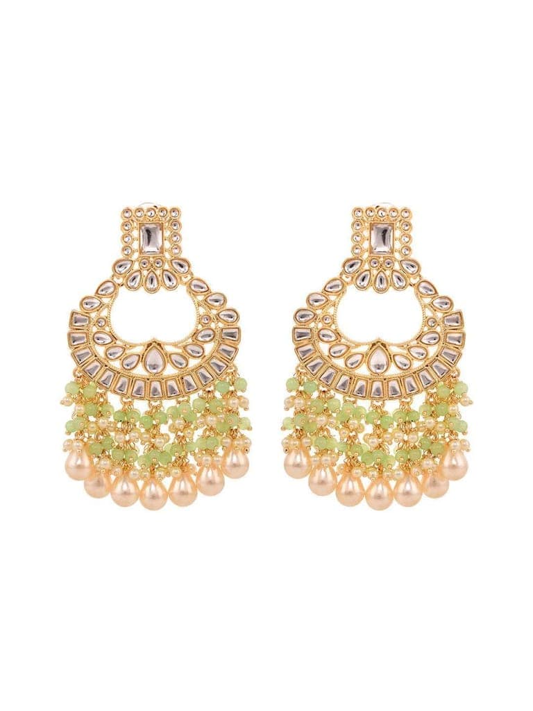 Gold Plated Mint Kundan studded & Beadded Cresent Chandballi Earrings view 2