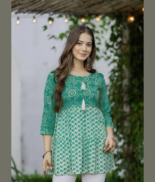 anushansa Women Cotton Blend Printed Anarkali Kurti ( Yellow )