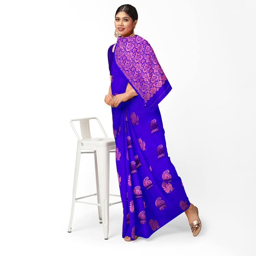 Dark Blue Color Fancy Butta Mixed Soft Silk Saree with Unstitched Blouse view 3