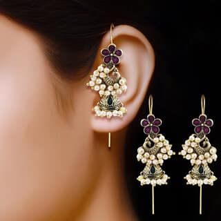 Vivastri Peacock Gold Plated Alloy Pearl Ear Cuff, Cuff Earrings Kaanphool Guttapusalu for Women & Girls - VIVA2891ERG view 2