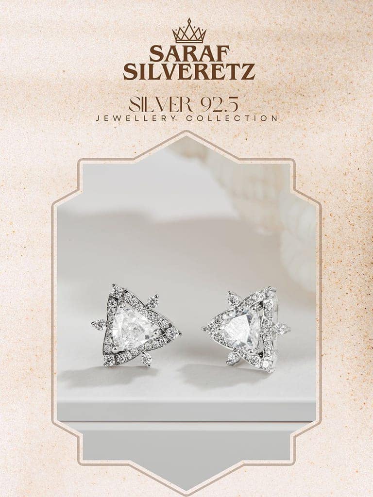 925 Sterling Silver Triangular Leafy Studs Earrings view 3