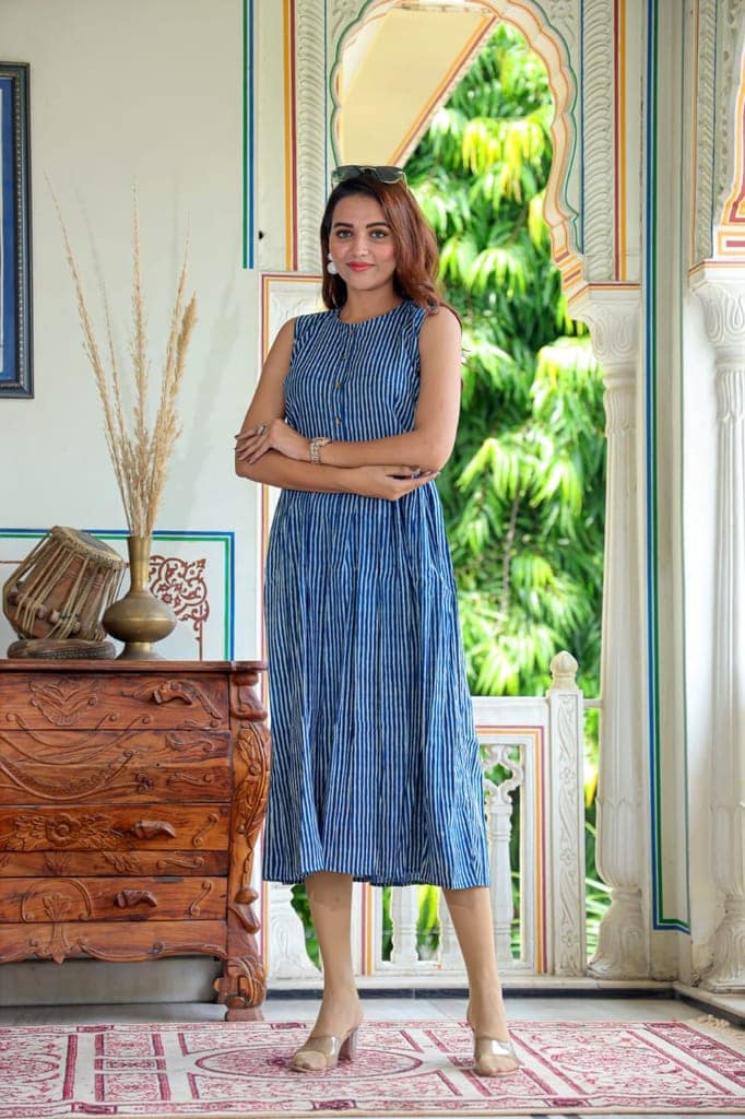 Pure Cotton (60*60) One Piece Dress Sleeveless Blue Color Handblock Printed (Size: S-XXXL, 34-44)-9482 view 2