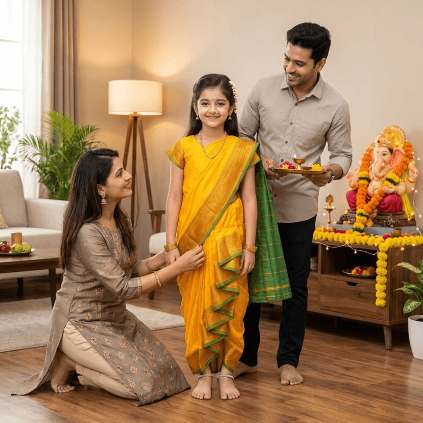 luster Shahi Mastani Nauvari saree for kids/girls Ready-to-wear with a stitched blouse, Traditional Maharashtrian Marathi saree, for School program ganpati pujas festival (Yellow, 11-12 Years) view 3