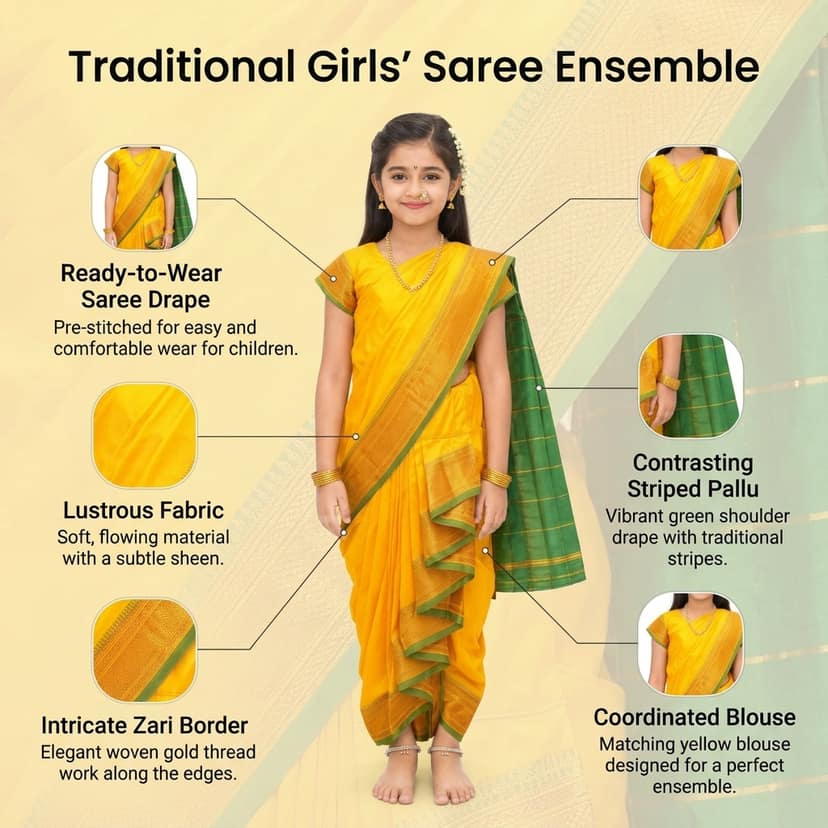 luster Shahi Mastani Nauvari saree for kids/girls Ready-to-wear with a stitched blouse, Traditional Maharashtrian Marathi saree, for School program ganpati pujas festival (Yellow, 11-12 Years) view 4