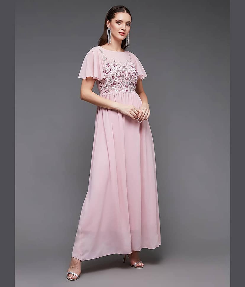 Miss Chase Women Georgette Embellished Fit & Flare Dress ( Pink ) view 2