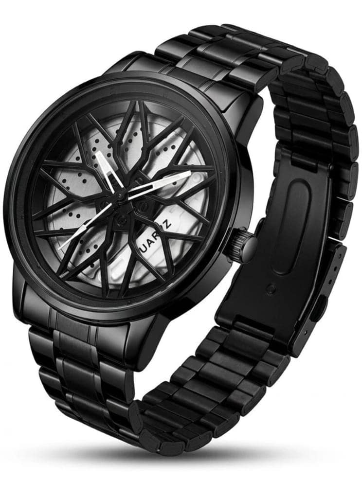 Trendy Casual Wear Quartz Watch with Sports Car Rim Dial wheel watch 360 rotating watch white colour