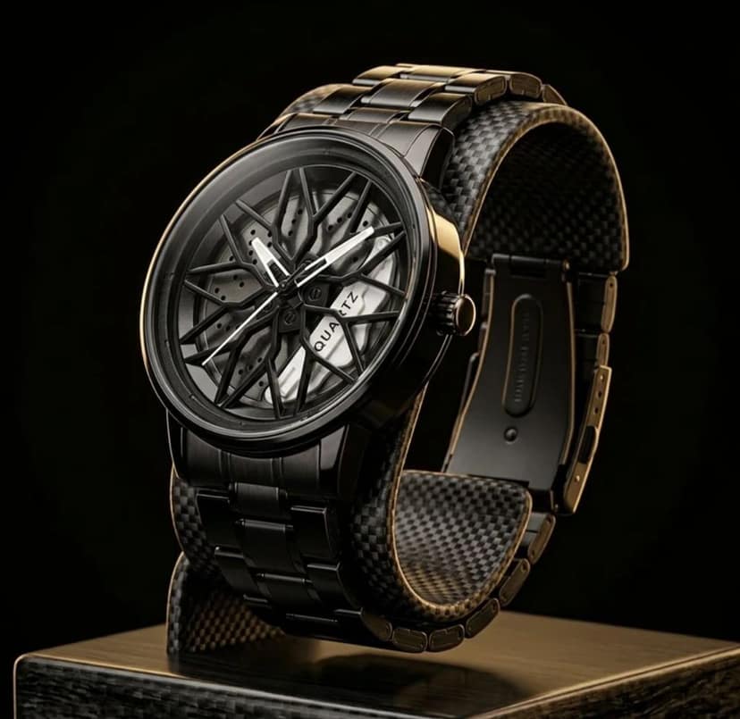 Trendy Casual Wear Quartz Watch with Sports Car Rim Dial wheel watch 360 rotating watch white colour view 2