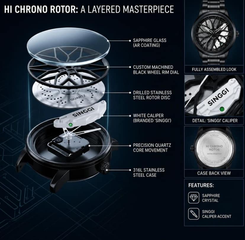 Trendy Casual Wear Quartz Watch with Sports Car Rim Dial wheel watch 360 rotating watch white colour view 3