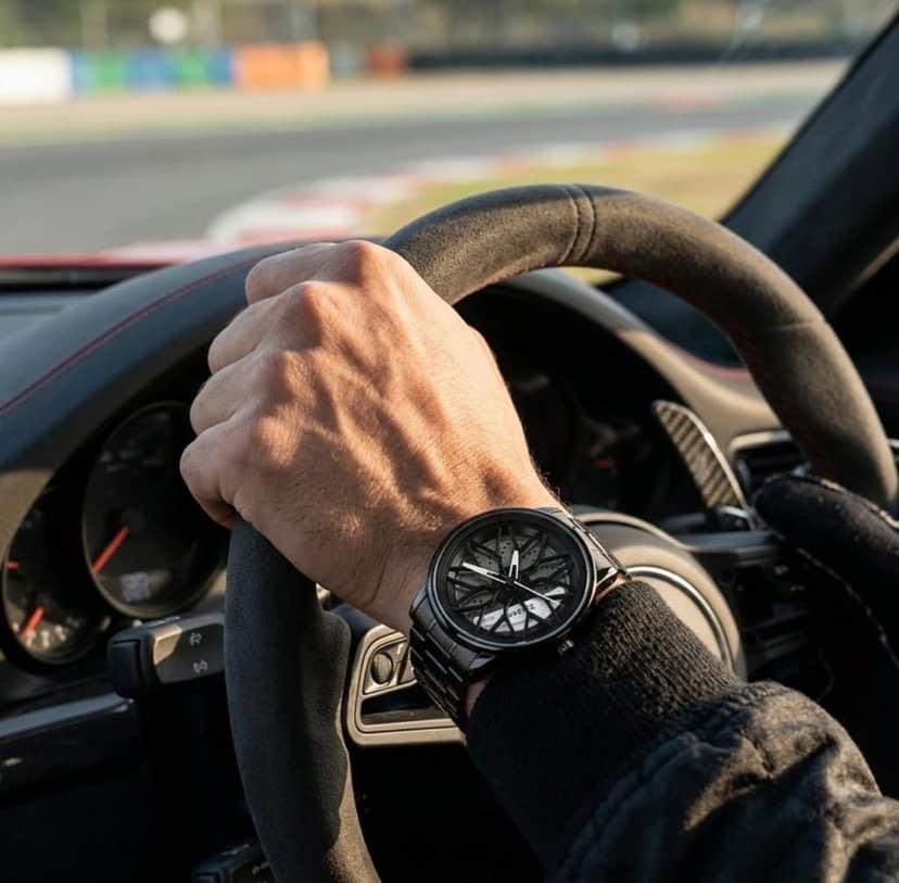 Trendy Casual Wear Quartz Watch with Sports Car Rim Dial wheel watch 360 rotating watch white colour view 4