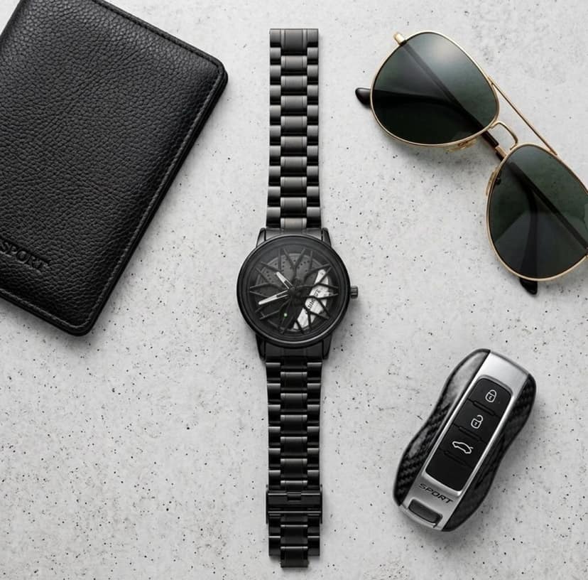 Trendy Casual Wear Quartz Watch with Sports Car Rim Dial wheel watch 360 rotating watch white colour view 5