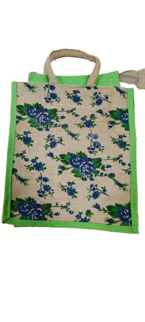 Floral Jute Bag with Green Trim