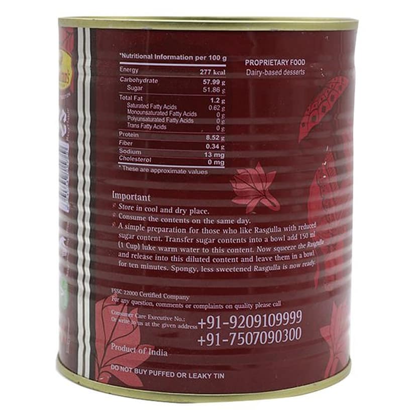 Haldiram's Rasgulla - Syrup-Based Dessert, Soft & Spongy, 1 Kg Tin view 2