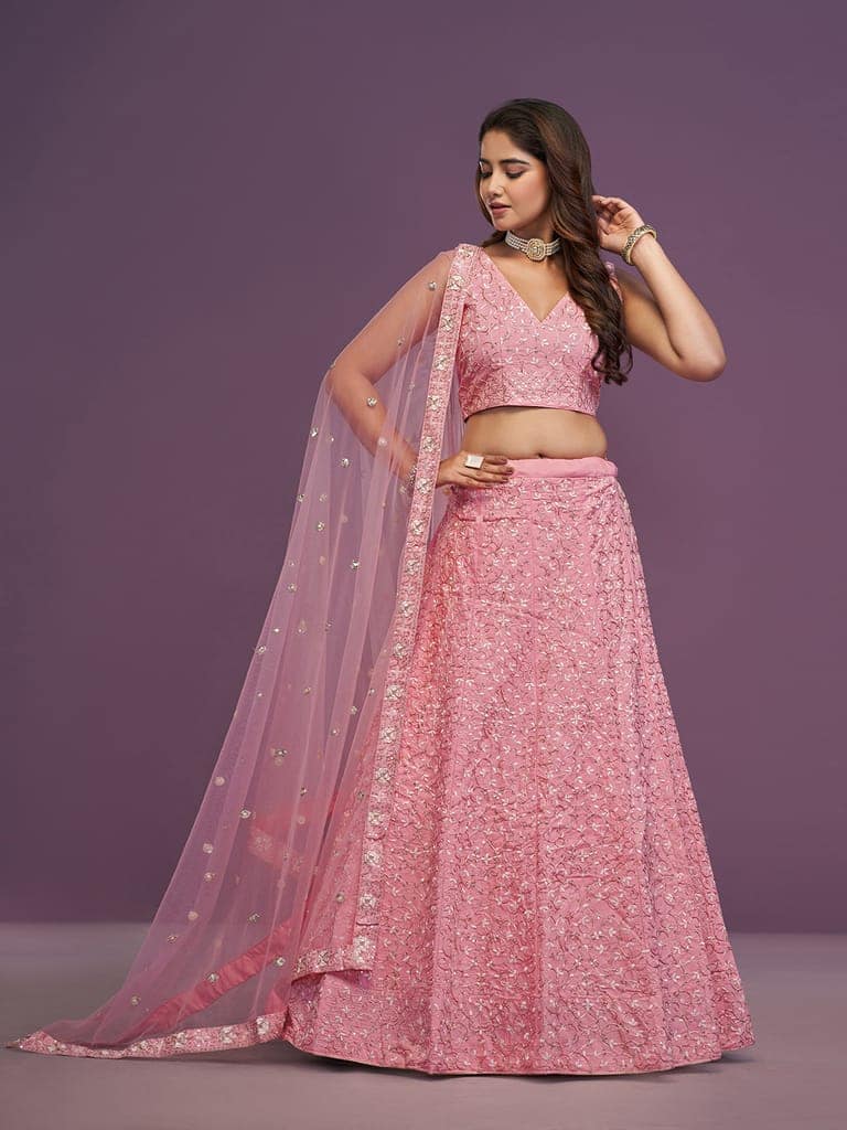 JIHU CULTURE Women's Pink Malai Silk Lehenga Choli Set With Sequins Embroidered Work view 2