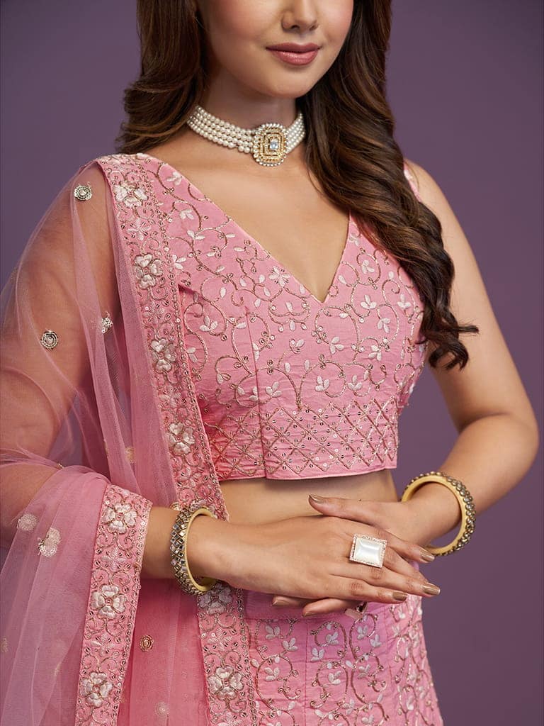 JIHU CULTURE Women's Pink Malai Silk Lehenga Choli Set With Sequins Embroidered Work view 3