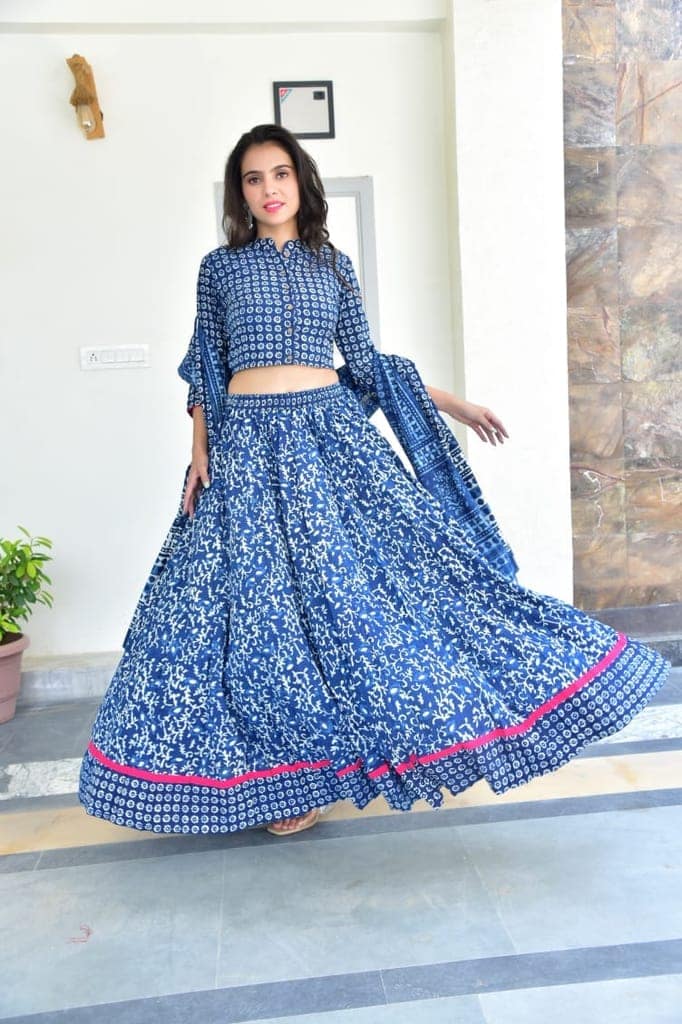 Cotton Lehanga Handblock Printed Tory Blue Color and Top With Mulmul Dupatta (Size 34-46)-2586 view 4