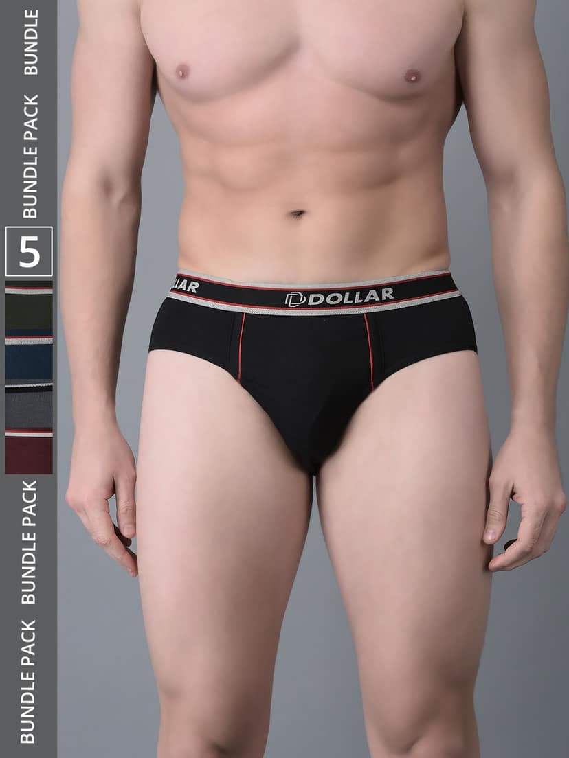 Men's Assorted Pack of 5 Combed Cotton Solid Brief With Anti-Microbial Odour Control