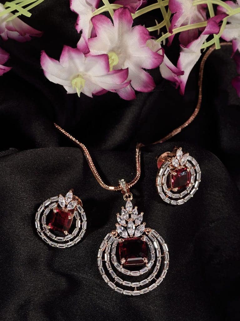 Rose Gold Plated Pink Ruby Studded Circle Pendant Locket Set Earrings and Chain view 3