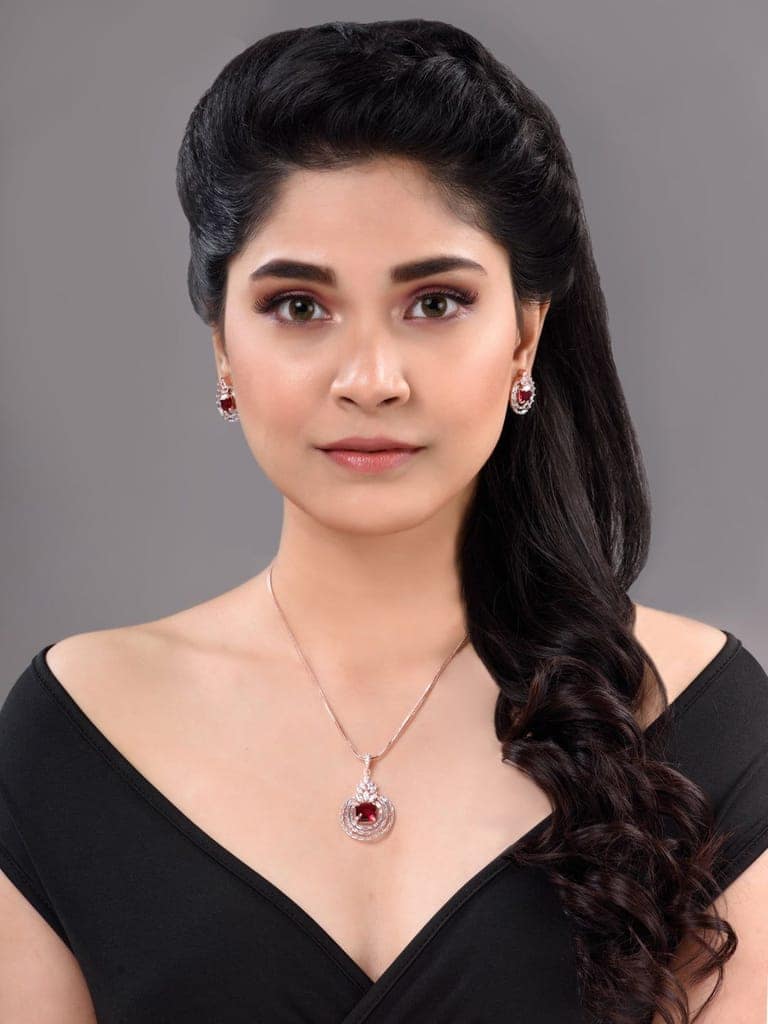 Rose Gold Plated Pink Ruby Studded Circle Pendant Locket Set Earrings and Chain view 9