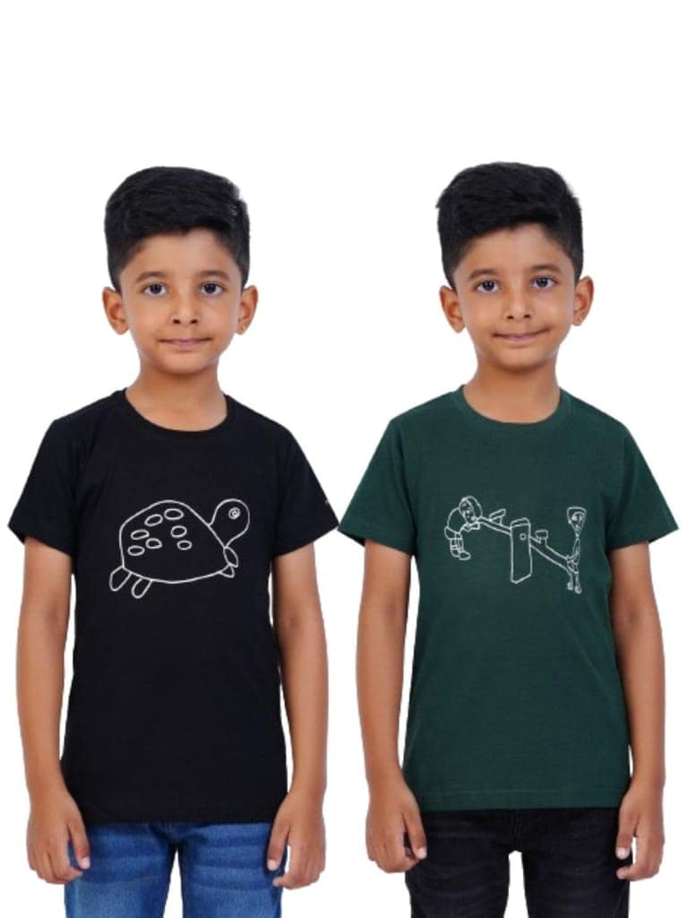 AIR GARB Boys Round Neck Printed Cotton T-shirt for 8-10 Years - Pack of 2 (K810-TBL-SGR) Multicolour